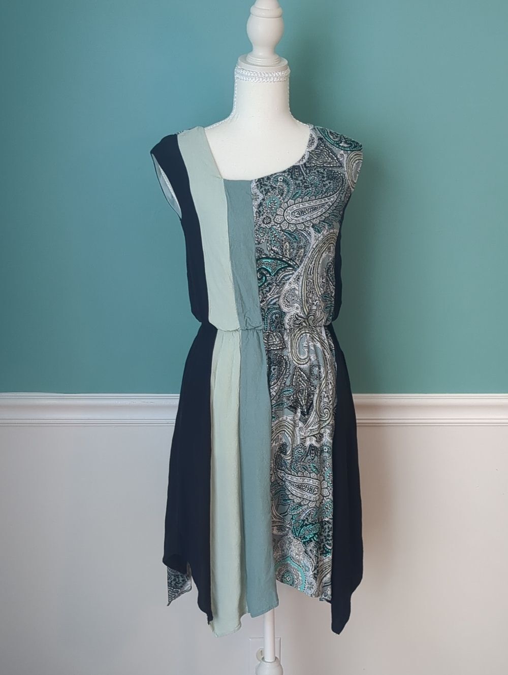 Cato Asymmetrical Sleeveless Cottage Fairycore Summer Dress in Teal and Navy XS